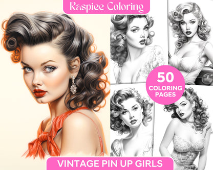 Vintage pin up girls grayscale coloring pages printable for adults â coloring
