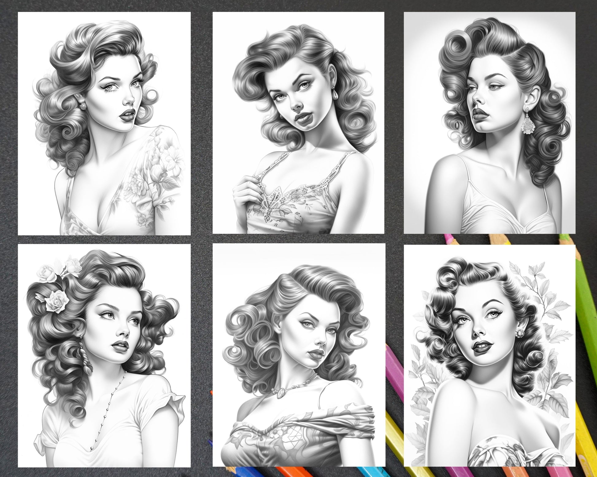 Vintage pin up girls grayscale coloring pages printable for adults â coloring