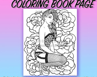 Digital download print your own coloring book outline page pin up girl by carissa rose