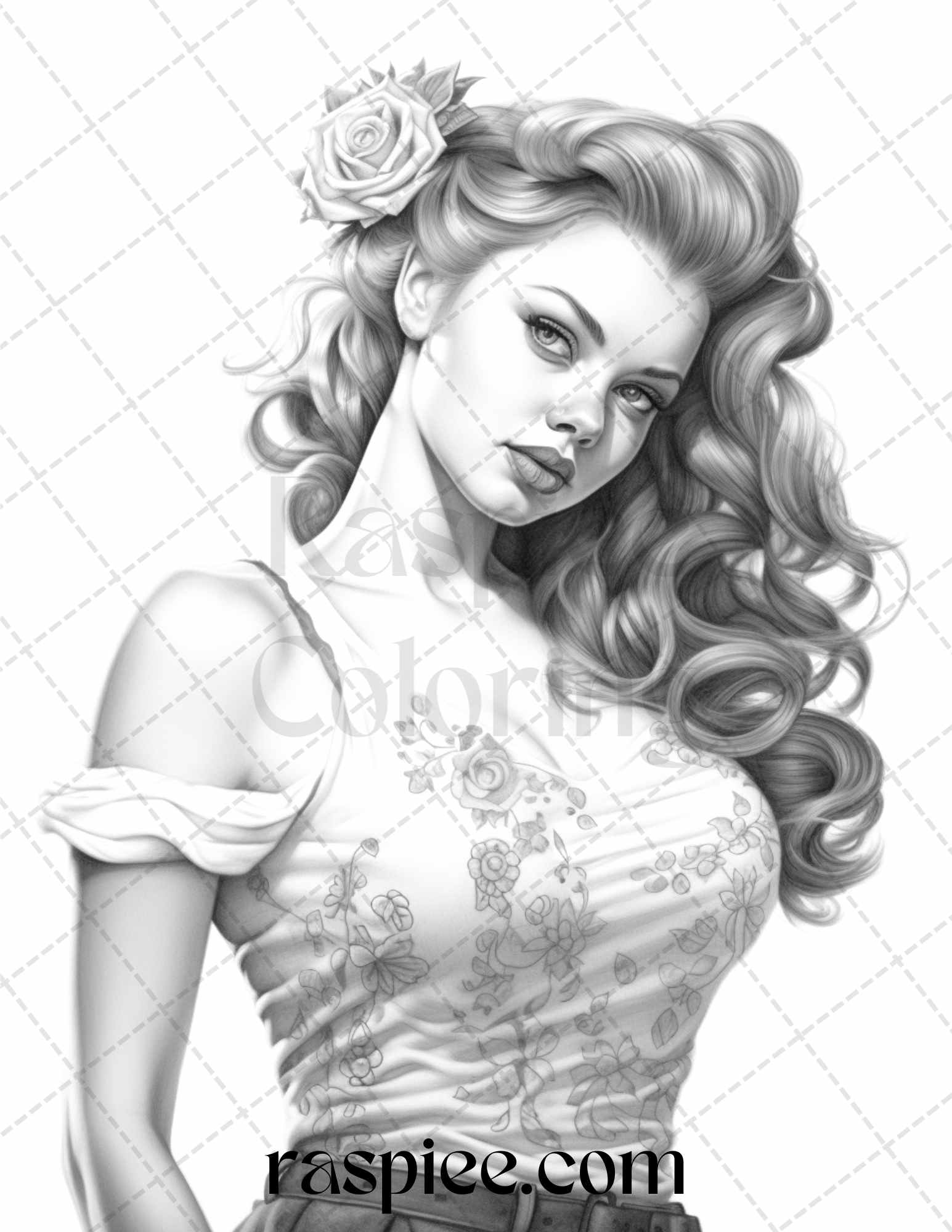 Vintage pin up girls grayscale coloring pages printable for adults â coloring