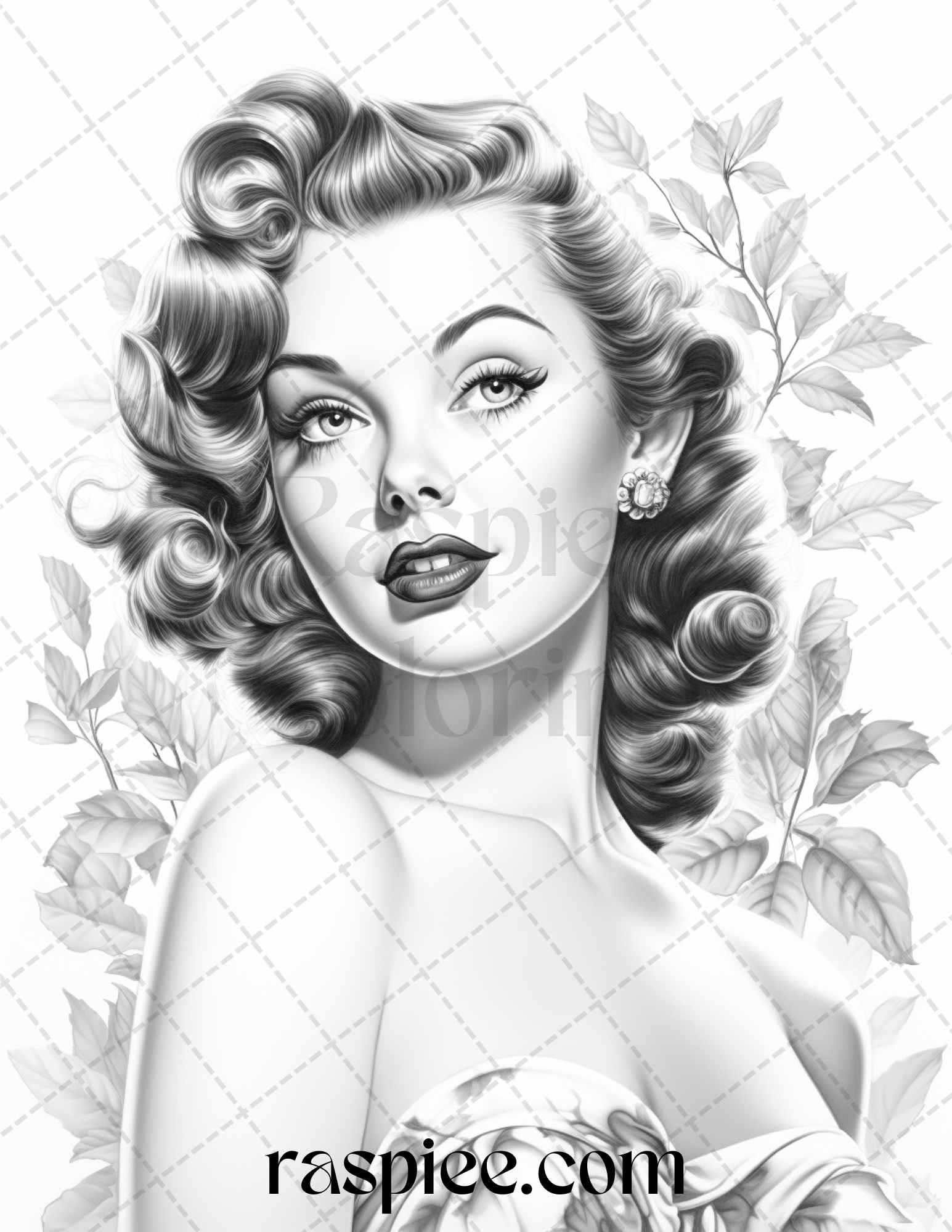 Vintage pin up girls grayscale coloring pages printable for adults â coloring