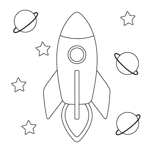 Premium vector coloring book rocket in space planets stars black and white illustration for coloring