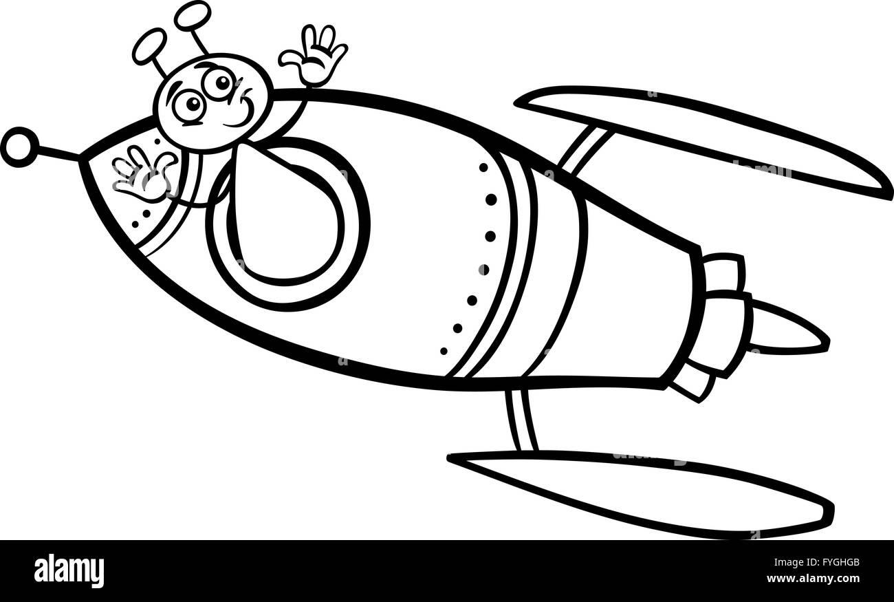 Alien in rocket cartoon coloring page stock photo