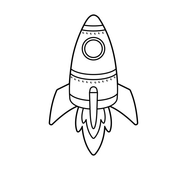 Rocket flying up into space icon coloring book vector isolated illustration on white background black and white line art stock illustration