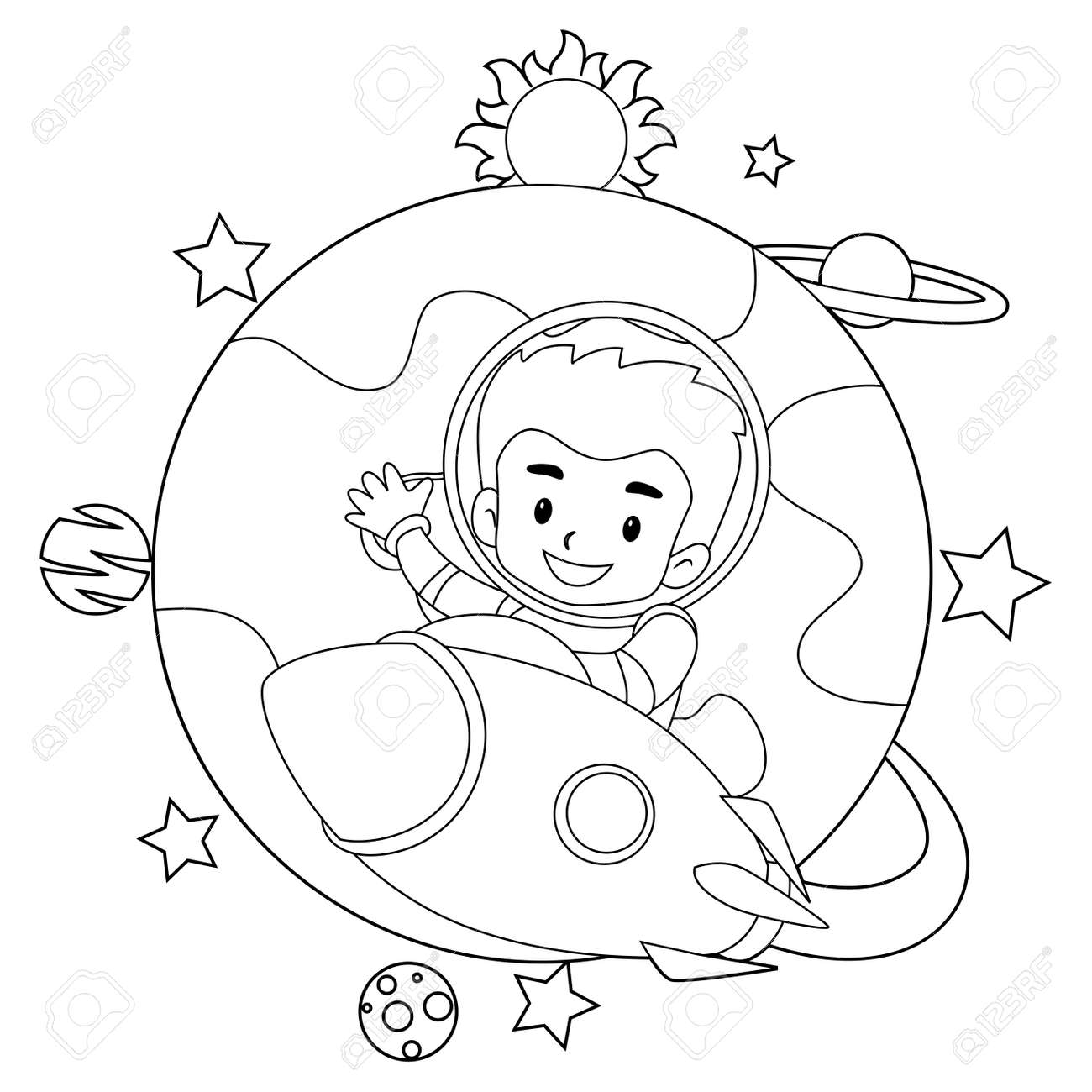 Coloring book outlined rocket with a kid boy leave the planet earth royalty free svg cliparts vectors and stock illustration image