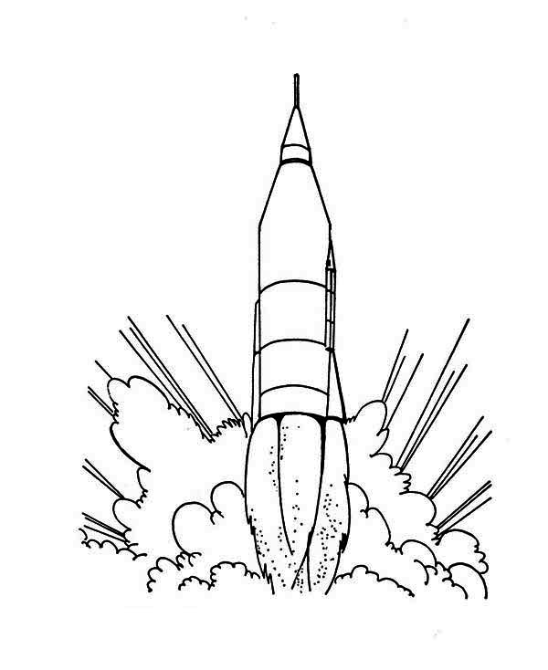 Rocket ship launching coloring page for kids