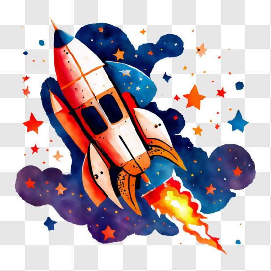 Download colorful rocket ship flying through space with stars png online