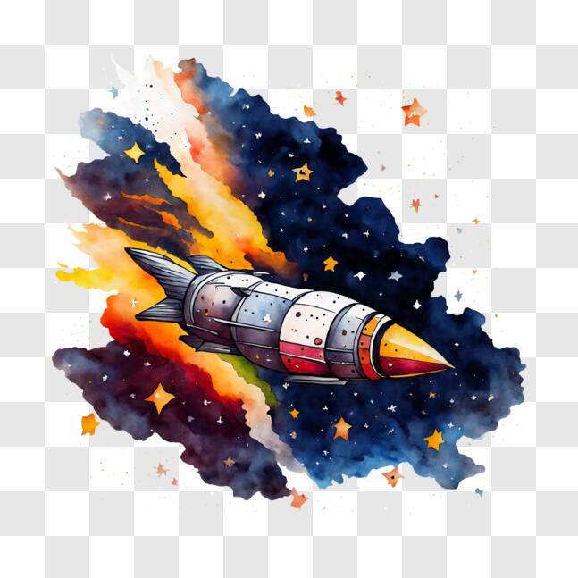 Download rocket in space watercolor painting png online