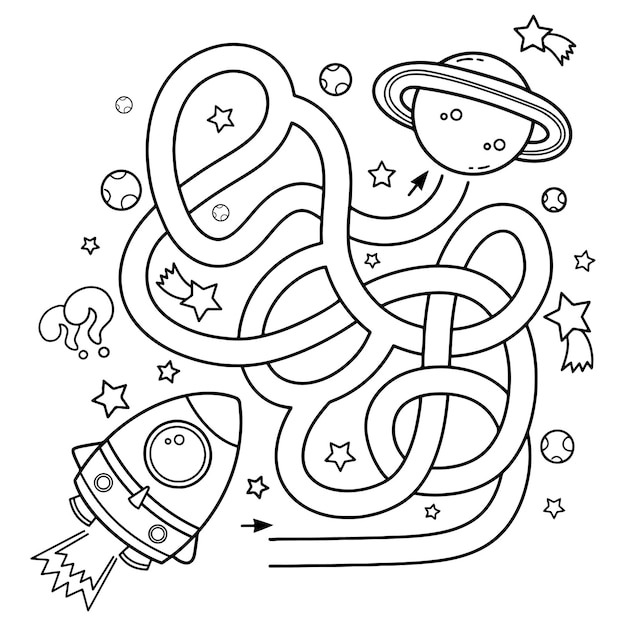 Premium vector puzzle tangled road coloring page outline of cartoon rocket in space coloring book for kids