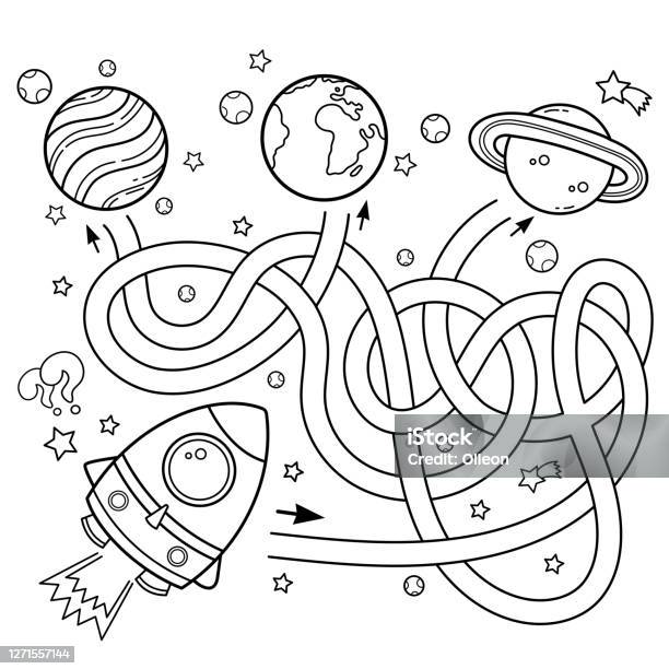 Maze or labyrinth game for preschool children puzzle tangled road coloring page outline of cartoon rocket in space coloring book for kids stock illustration
