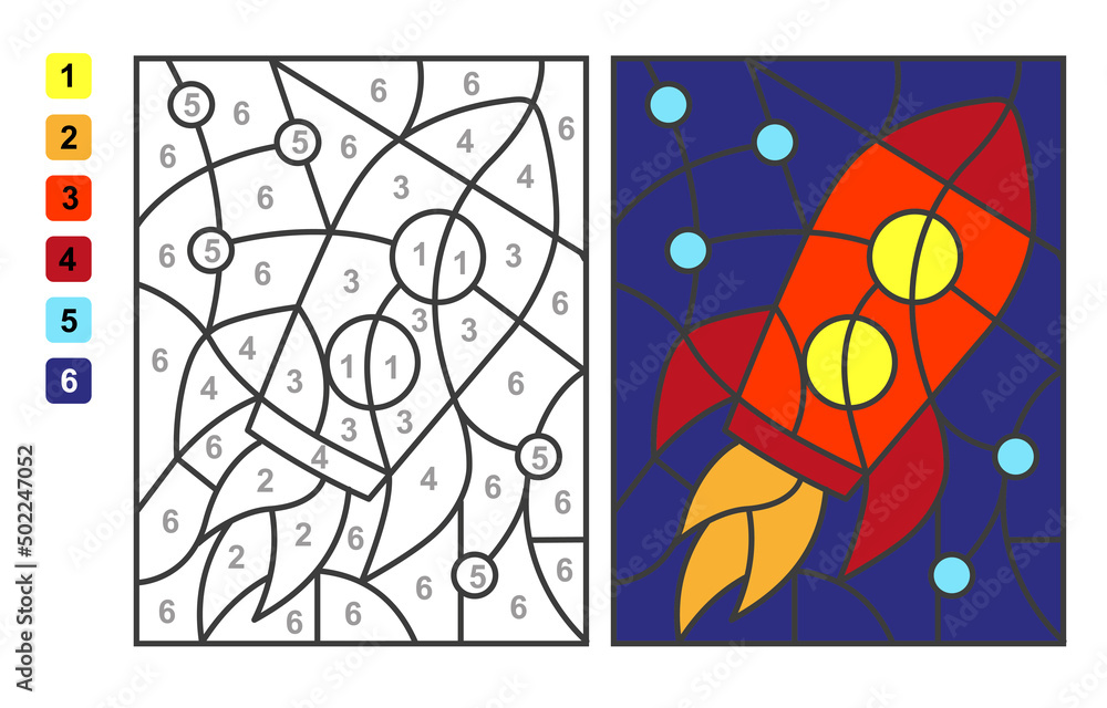 Vector coloring page color by numbers rocket puzzle game for children education and activities vector