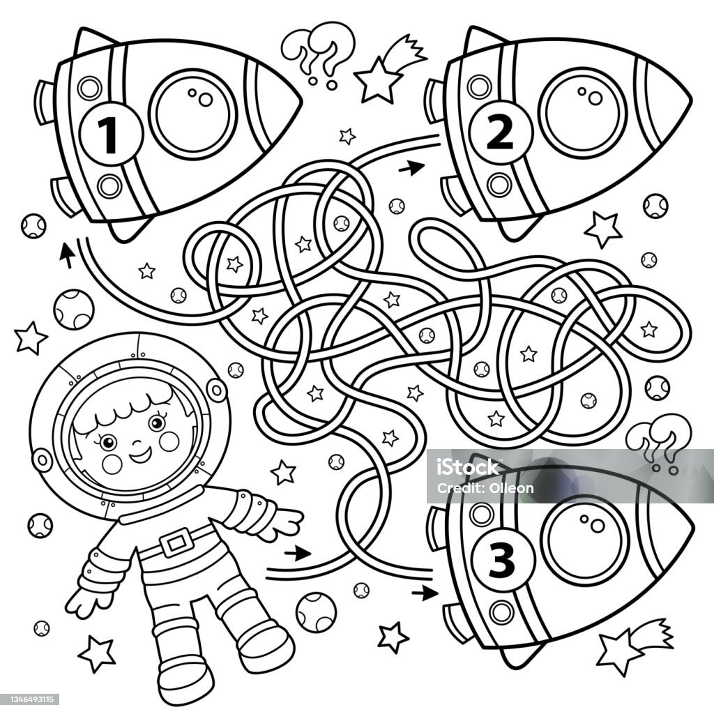 Maze or labyrinth game puzzle coloring page outline of cartoon astronaut with rocket in space little spaceman or cosmonaut coloring book for kids