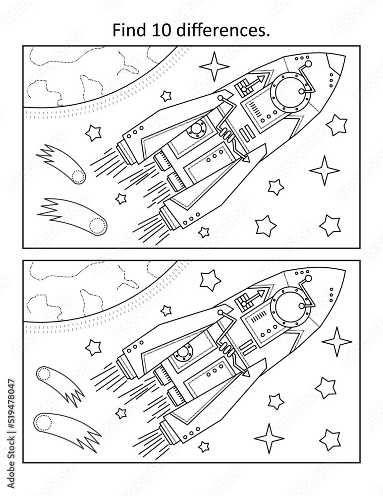 Spaceship or rocket in outer space find differences picture puzzle and coloring page black and white vector