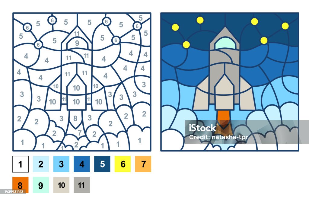 Vector coloring page puzzle game color by number rocket shuttle spaceship stock illustration
