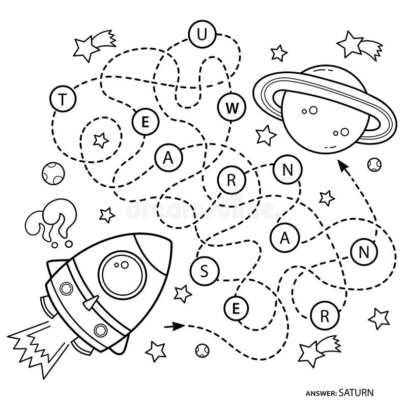 Maze or labyrinth game puzzle tangled road coloring page outline of cartoon rocket in space coloring book for kids stock vector