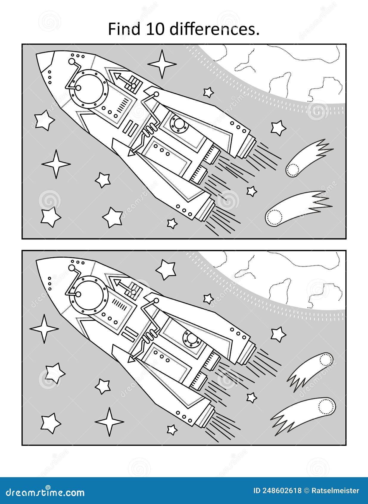Spaceship or rocket in outer space find differences picture puzzle and coloring page black and white stock photo