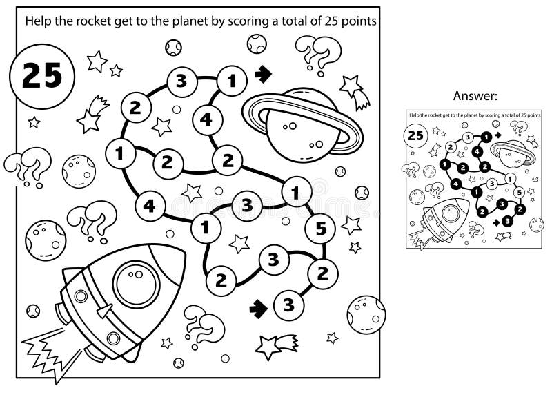 Maze or labyrinth game puzzle coloring page outline of cartoon rocket in space coloring book for kids stock vector
