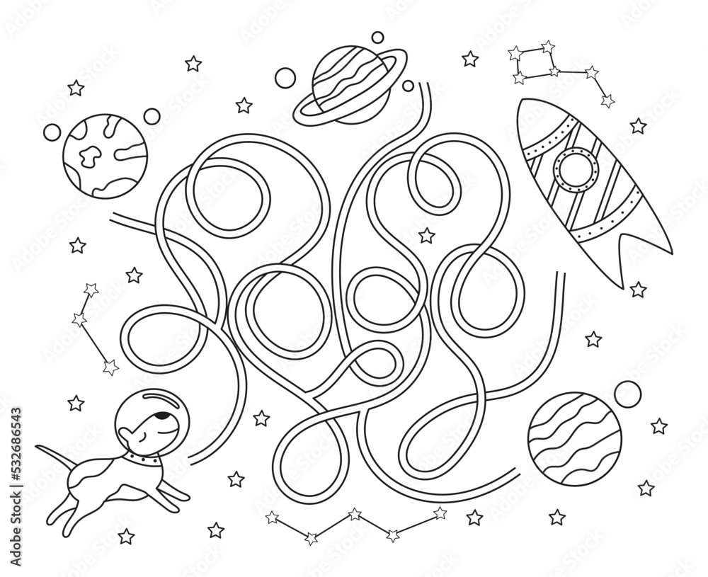 Maze game for preschool children puzzle with tangled road outline coloring page for kids book cute dog in space rocket planets vector illustration vector