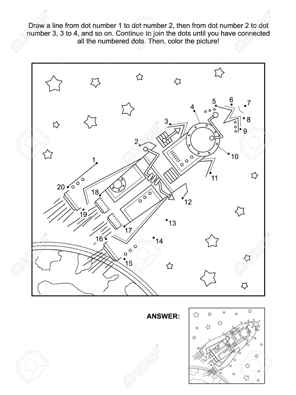 Connect the dots picture puzzle and coloring page space exploration themed with rocket or spaceship stars earth answer included royalty free svg cliparts vectors and stock illustration image