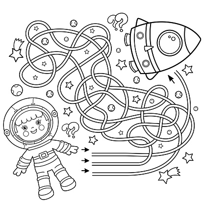 Maze or labyrinth game puzzle coloring page outline of cartoon astronaut with rocket in space little spaceman or cosmonaut coloring book for kids stock illustration
