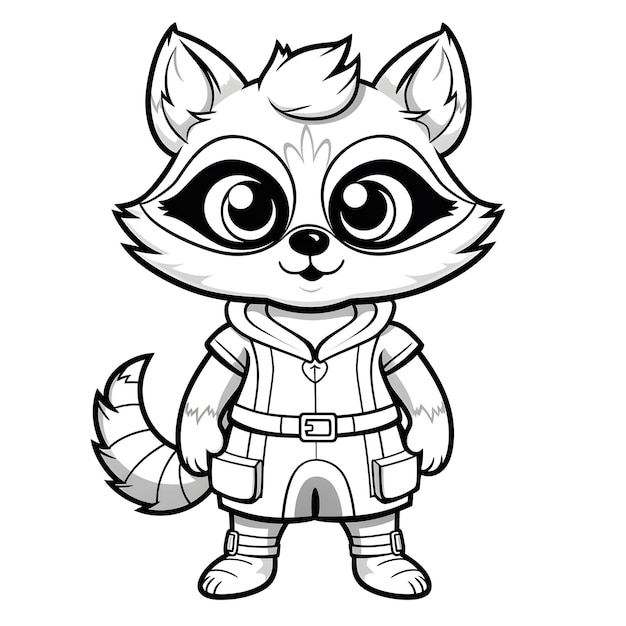 Premium ai image kids coloring book racoon cartoon thick lines black and white white background