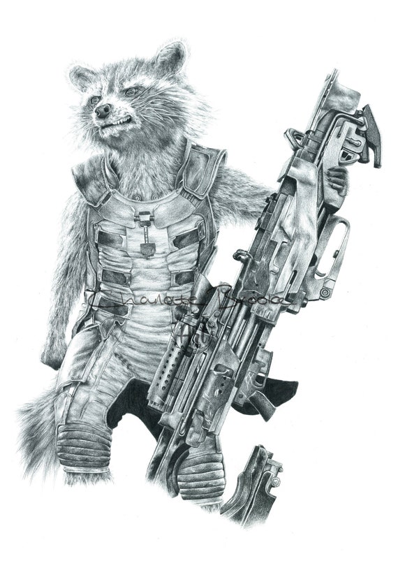 Rocket raccoon pencil portrait drawing print