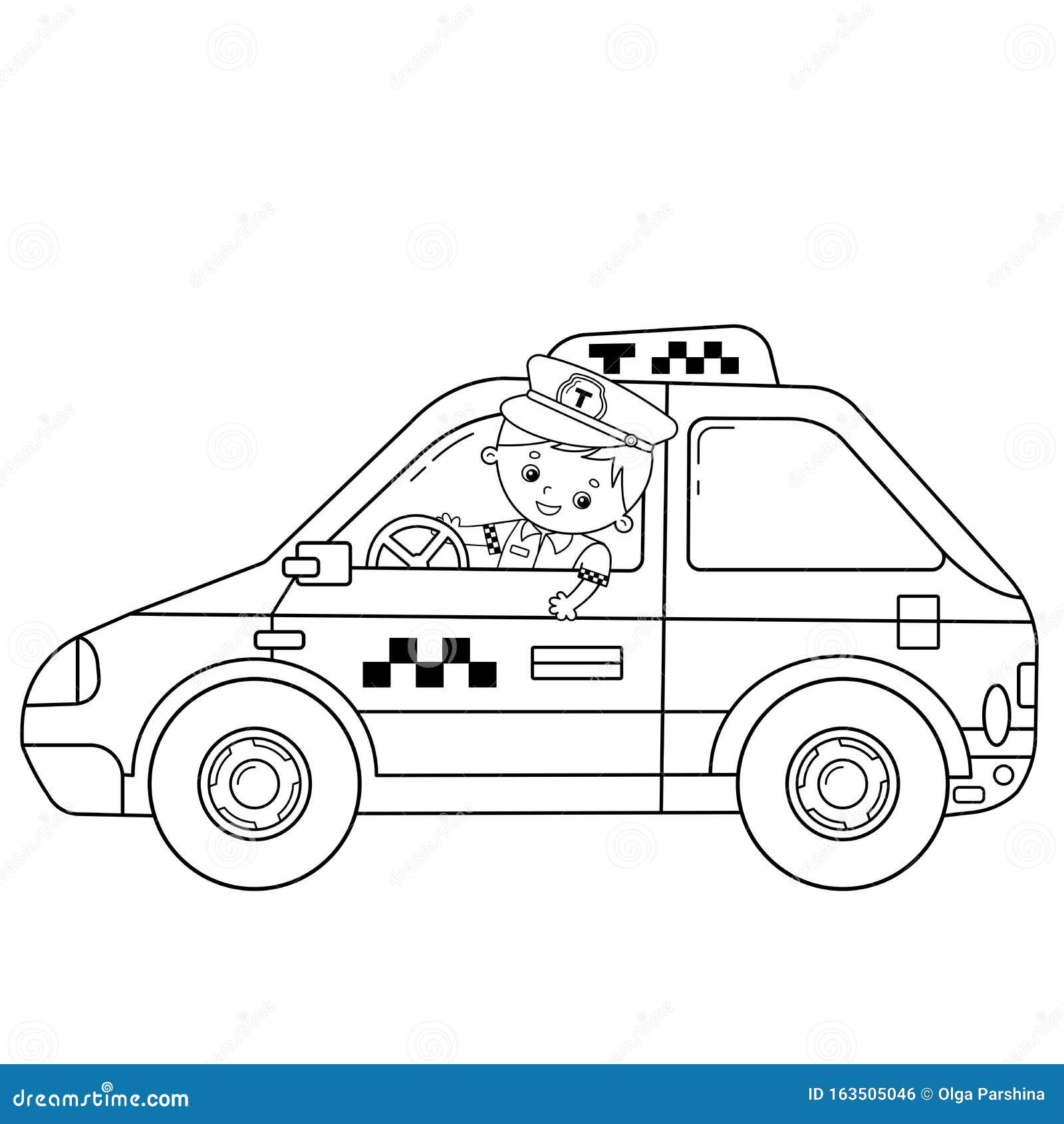Coloring page outline of cartoon taxi driver with car profession