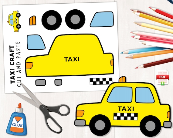 Printable taxi craft transportation craft build a taxi cab cut and paste activity for kids taxi cab paper craft scissor skills