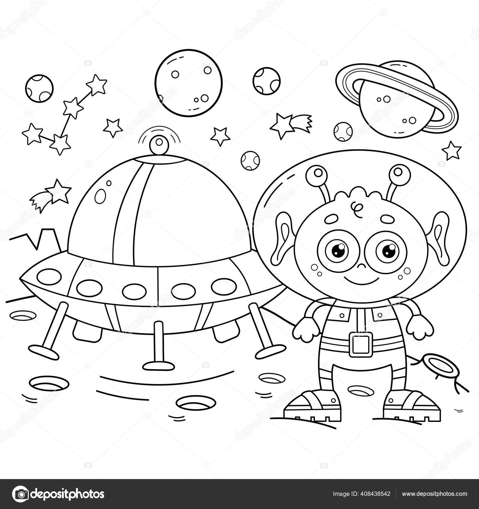 Coloring page outline cartoon alien flying saucer planet space coloring stock vector by oleon