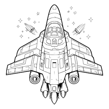 Premium vector starship or rocket with pilot coloring page for kids
