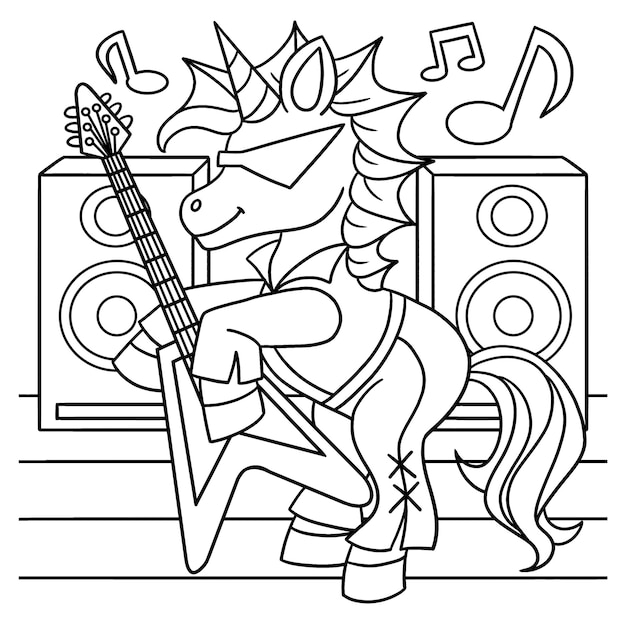 Premium vector unicorn with a guitar coloring page for kids