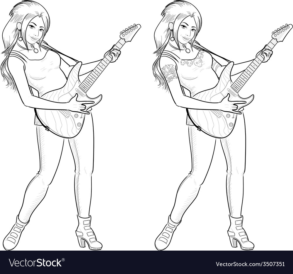 Rock star guitarist indonesian girl lineart vector image