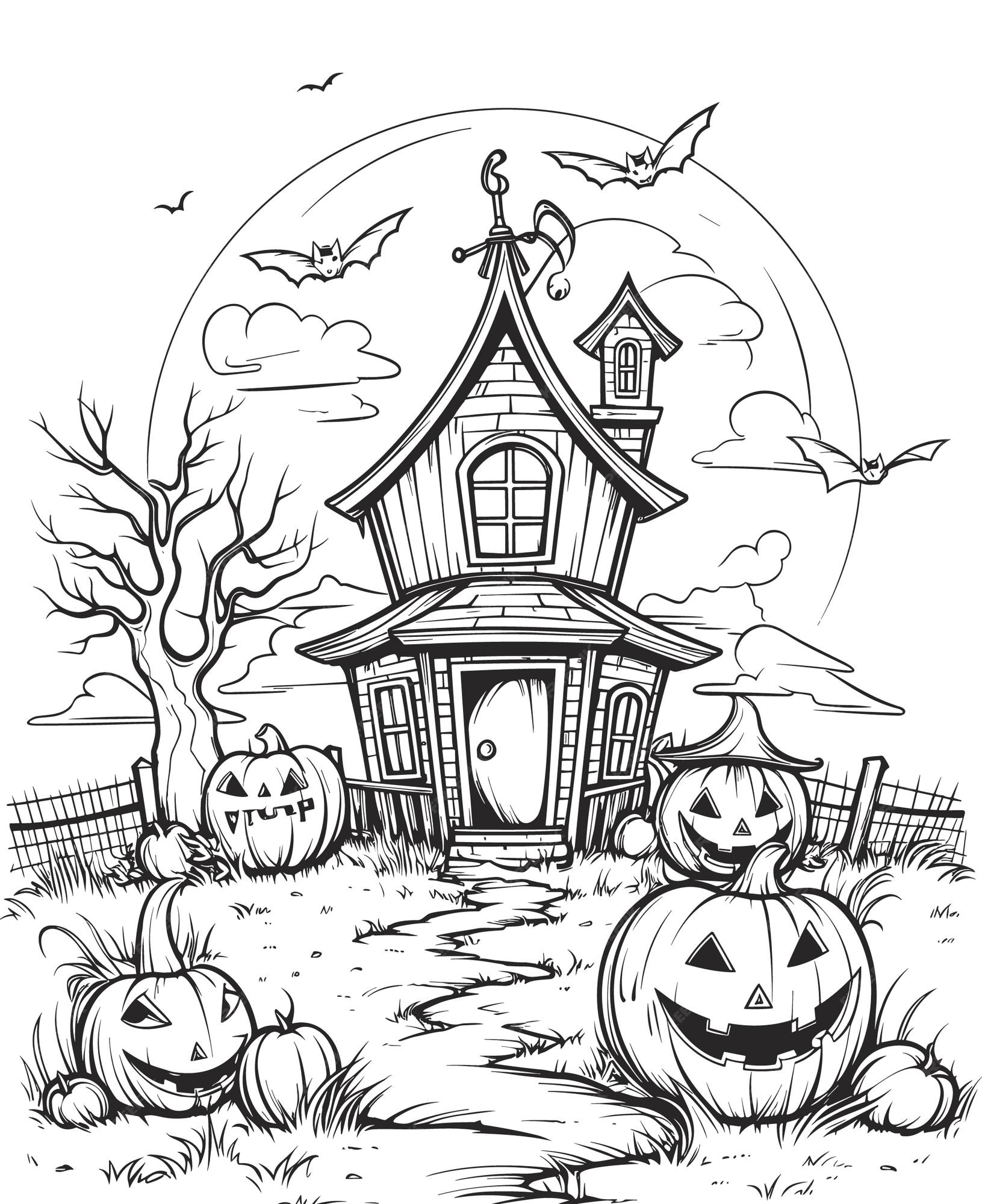 Premium vector coloring page of a happy halloween with a house and pumpkin
