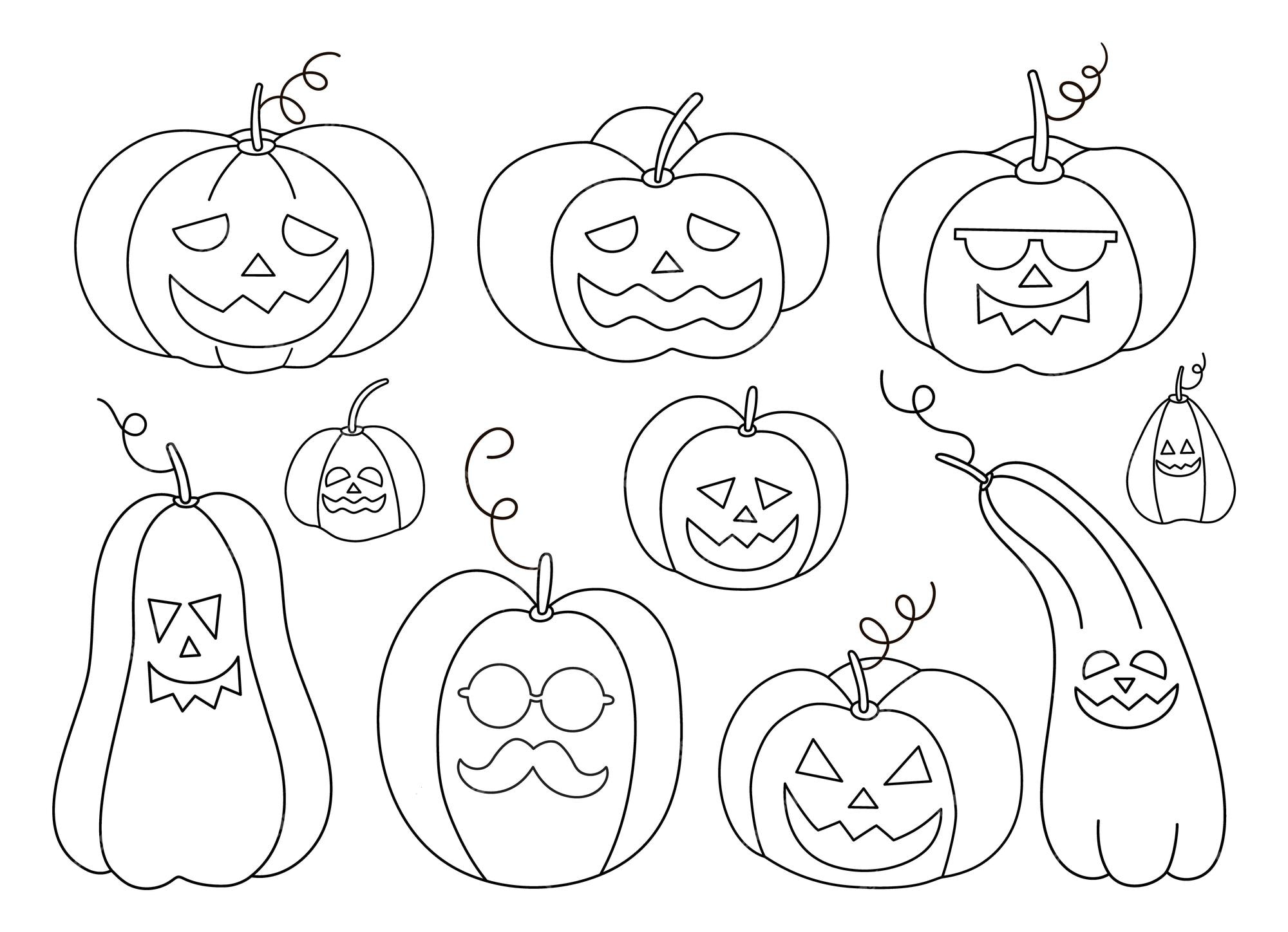 Premium vector vector black and white jackolanterns set outline halloween party illustration or coloring page with funny pumpkin lanterns scary design for autumn samhain party all saints day elementsxa