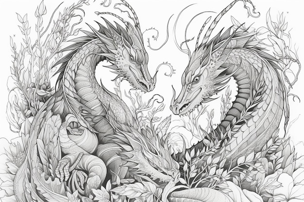 Premium ai image a sketch of two dragons fighting with one another