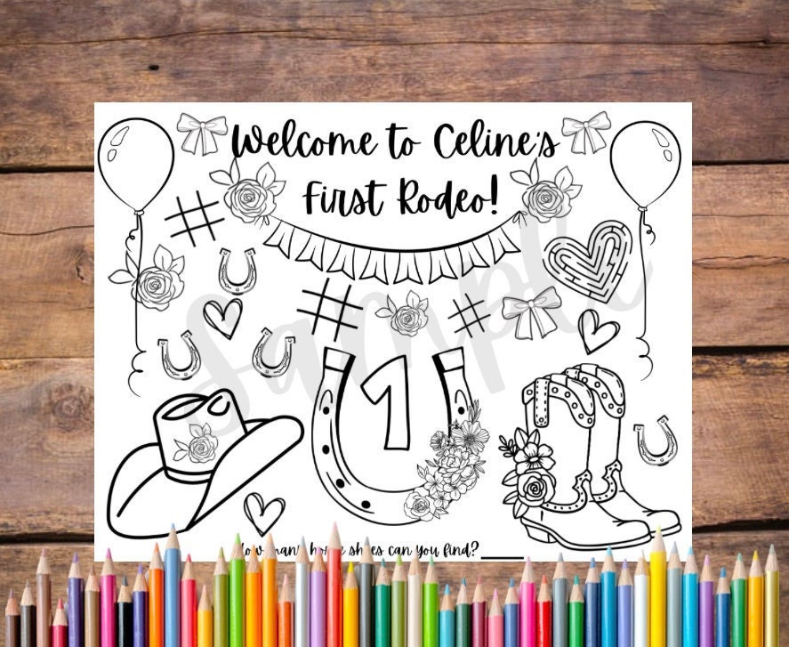 Customizable first rodeo birthday printable coloring page cowgirl cowboy party favor my first rodeo party activity western placemat