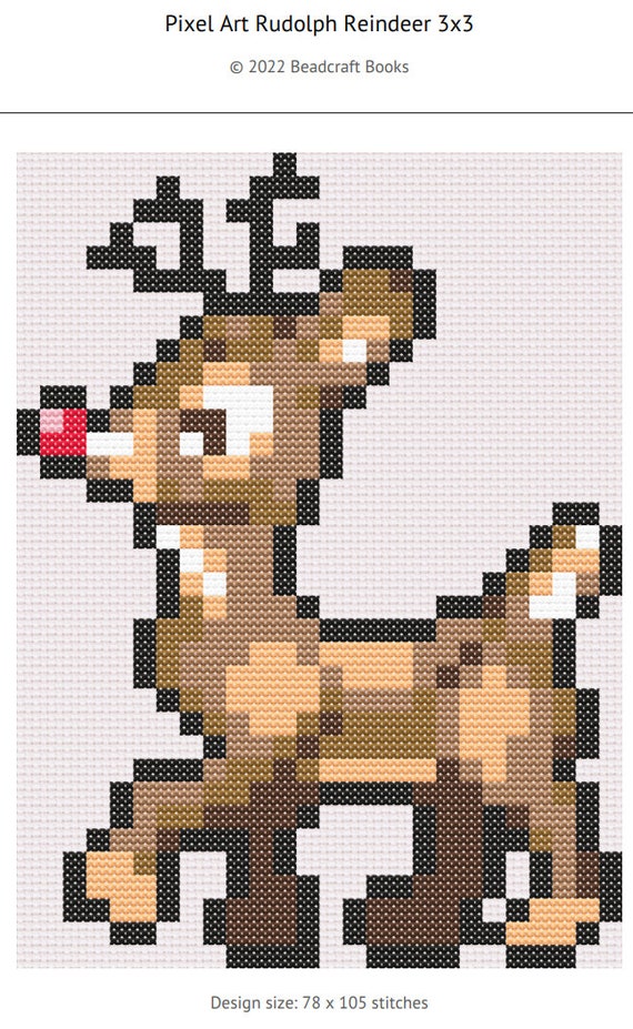 Cross stitch rudolph the reindeer easy pixel art christmas pattern in three sizes pdf download instant download
