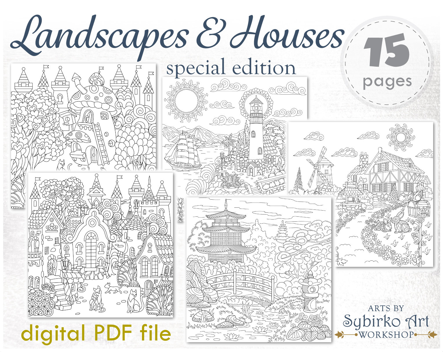 Landscapes houses coloring pages coloring book for adults or kids fantasy coloring bundle printable pdf coloring book instant download