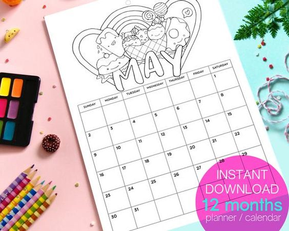 Cute coloring calendar printable months planner coloring printable kawaii coloring page for kids coloring undated calendar