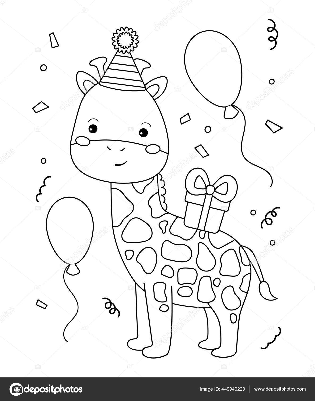 Fãrglãggning sida fãr barn rolig tecknad giraff med gãva och ballonger grattis pã fãdelsedagen skissera vektor illustration afrikanska djur vektor av kristina