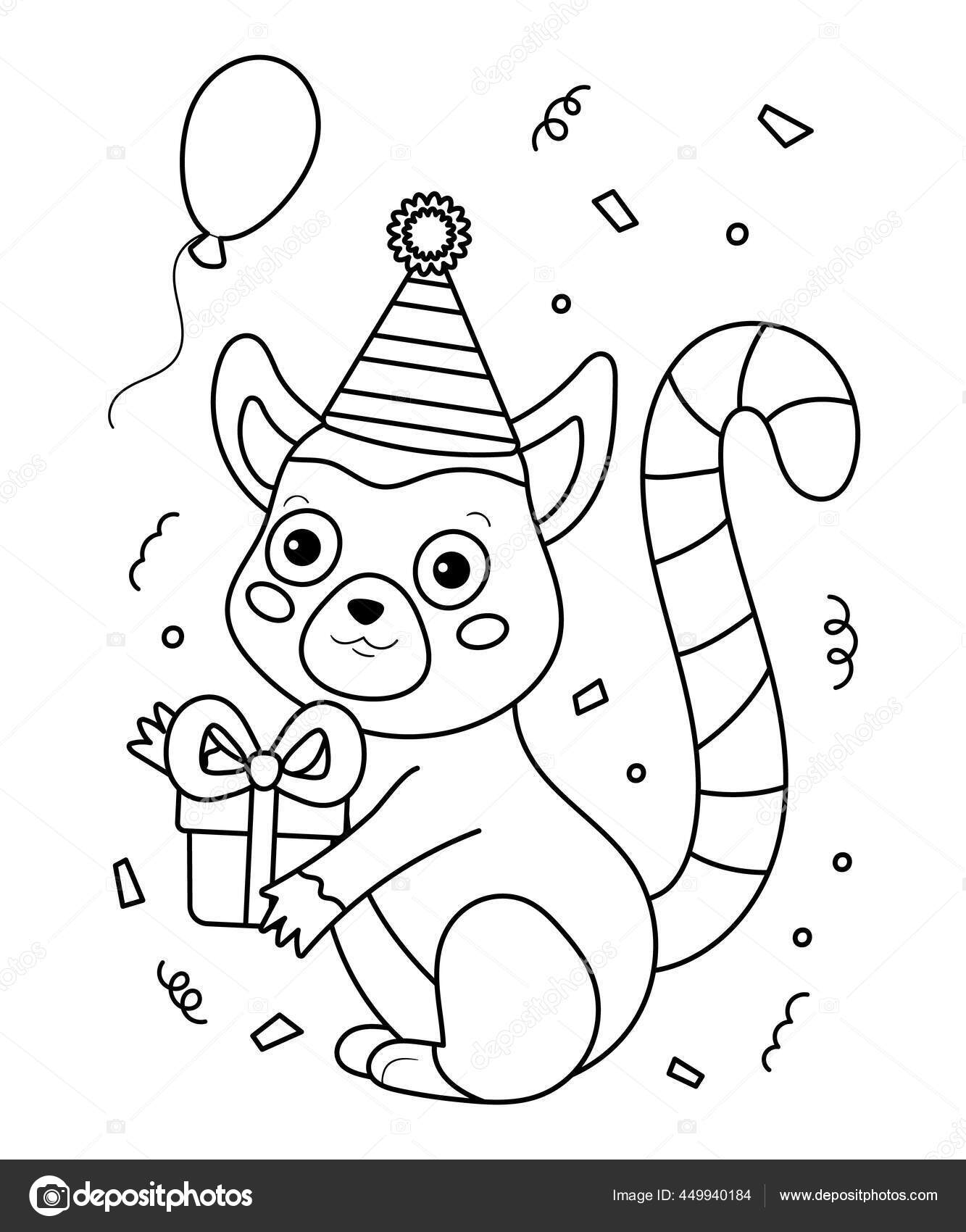 Fãrglãggning sida fãr bok sãt tecknad lemur med gãva och ballong grattis pã fãdelsedagen redogãr fãr vektorns illustration djungeldjur vektor av kristina