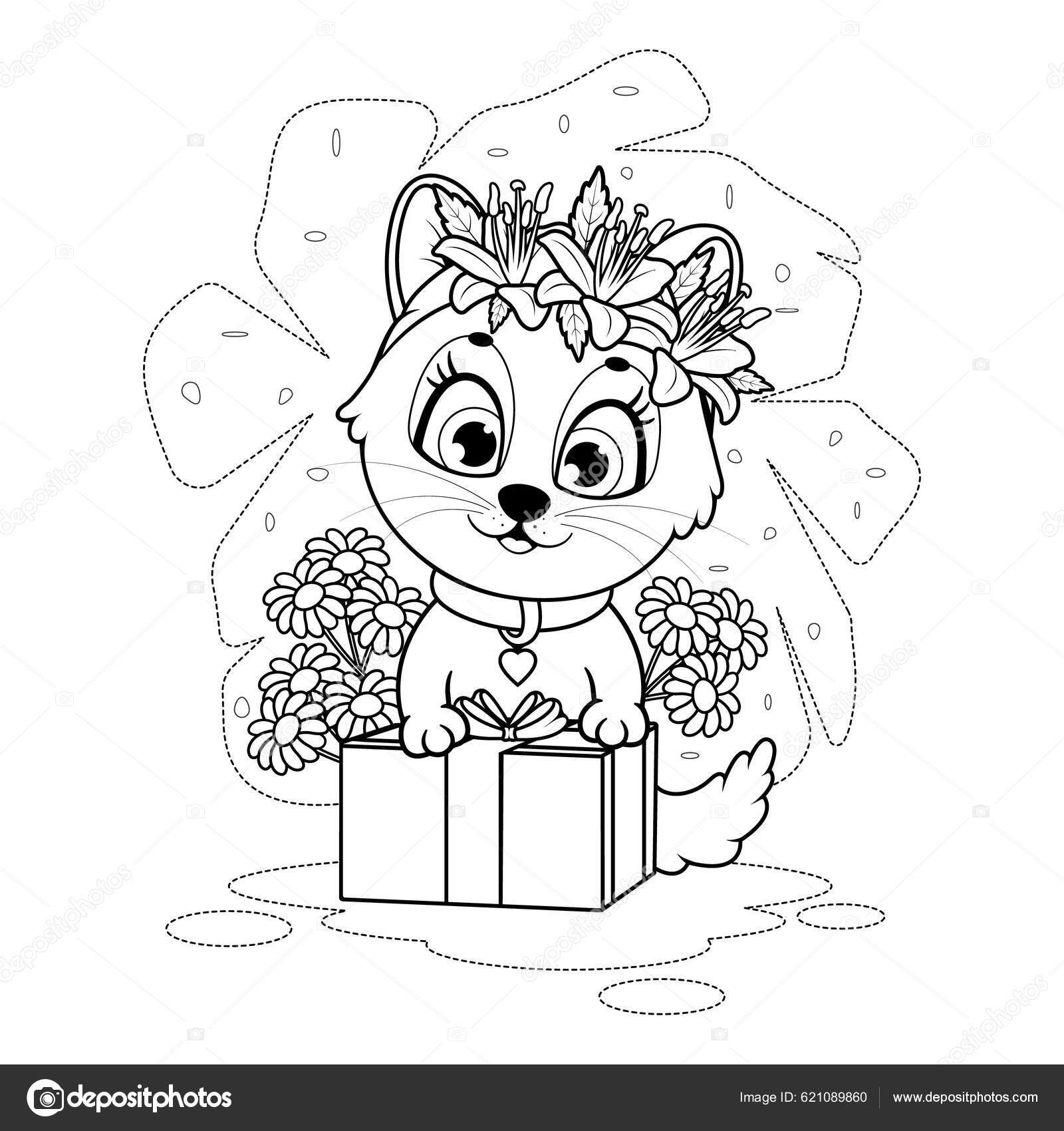 Fãrglãggningssida sãt kattunge med gãva och blommor vektor av vkofficeoduagmail