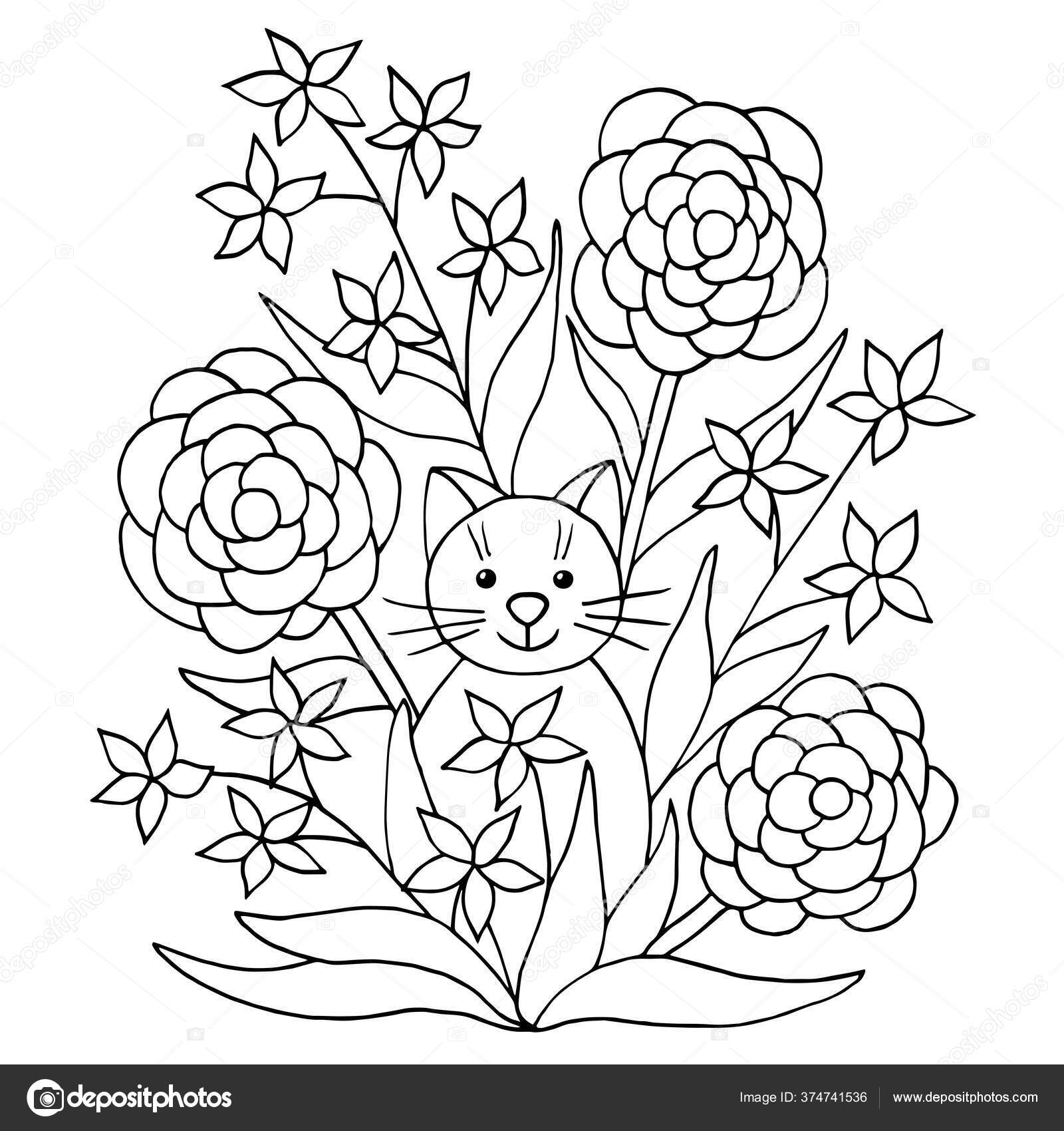 Fãrglãggning sida med sãta roliga katt och vilda blommor fyrkantig vektor av elvirkindomyandexru