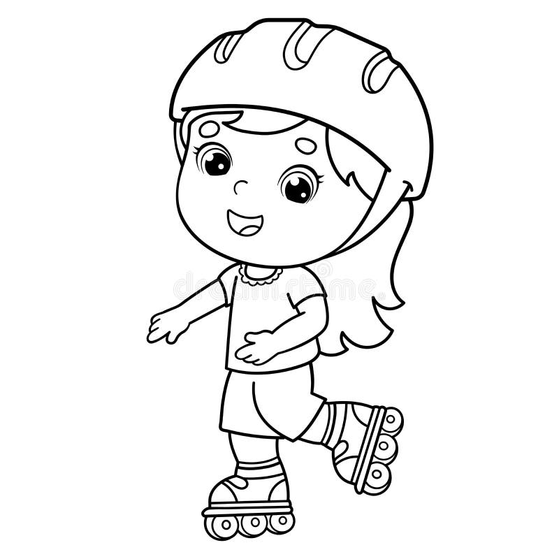 Coloring page outline of cartoon girl on the roller skates coloring book for kids stock vector