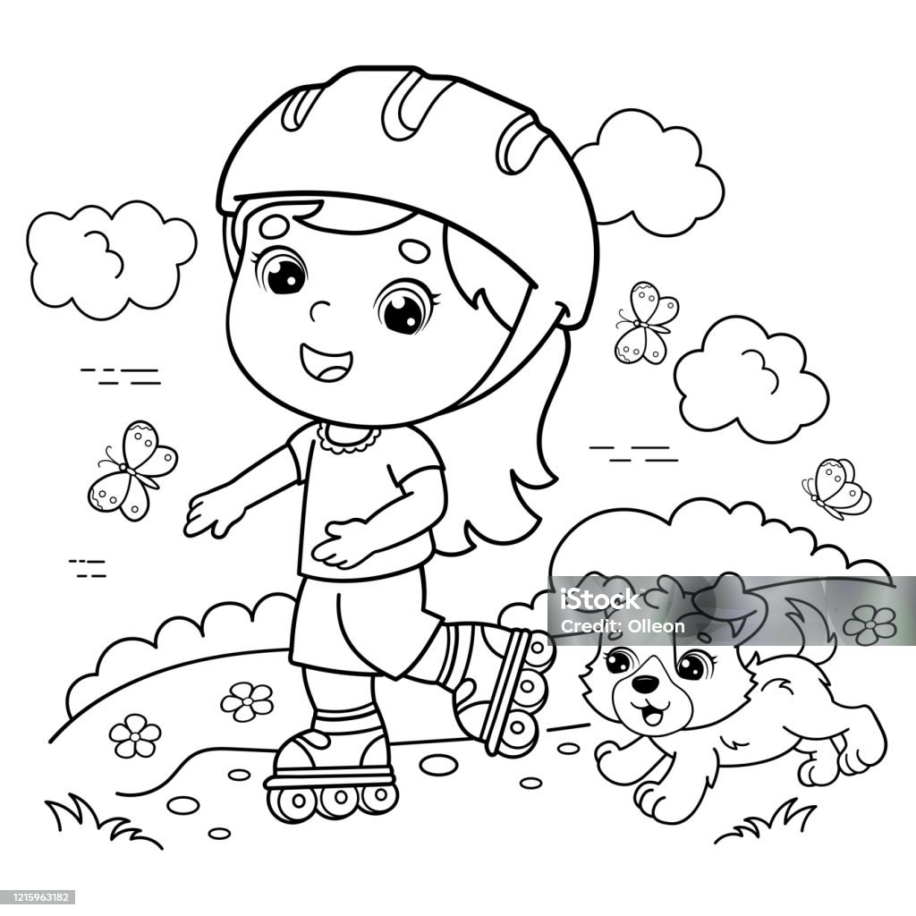 Coloring page outline of cartoon girl on the roller skates with a dog coloring book for kids stock illustration