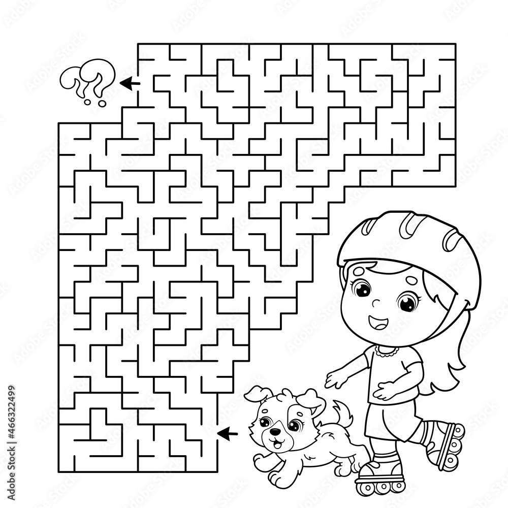 Maze or labyrinth game puzzle coloring page outline of cartoon girl on roller skates with dog sport activity coloring book for kids vector