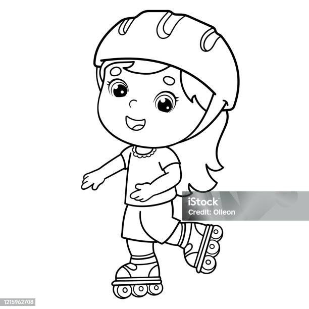 Coloring page outline of cartoon girl on the roller skates coloring book for kids stock illustration