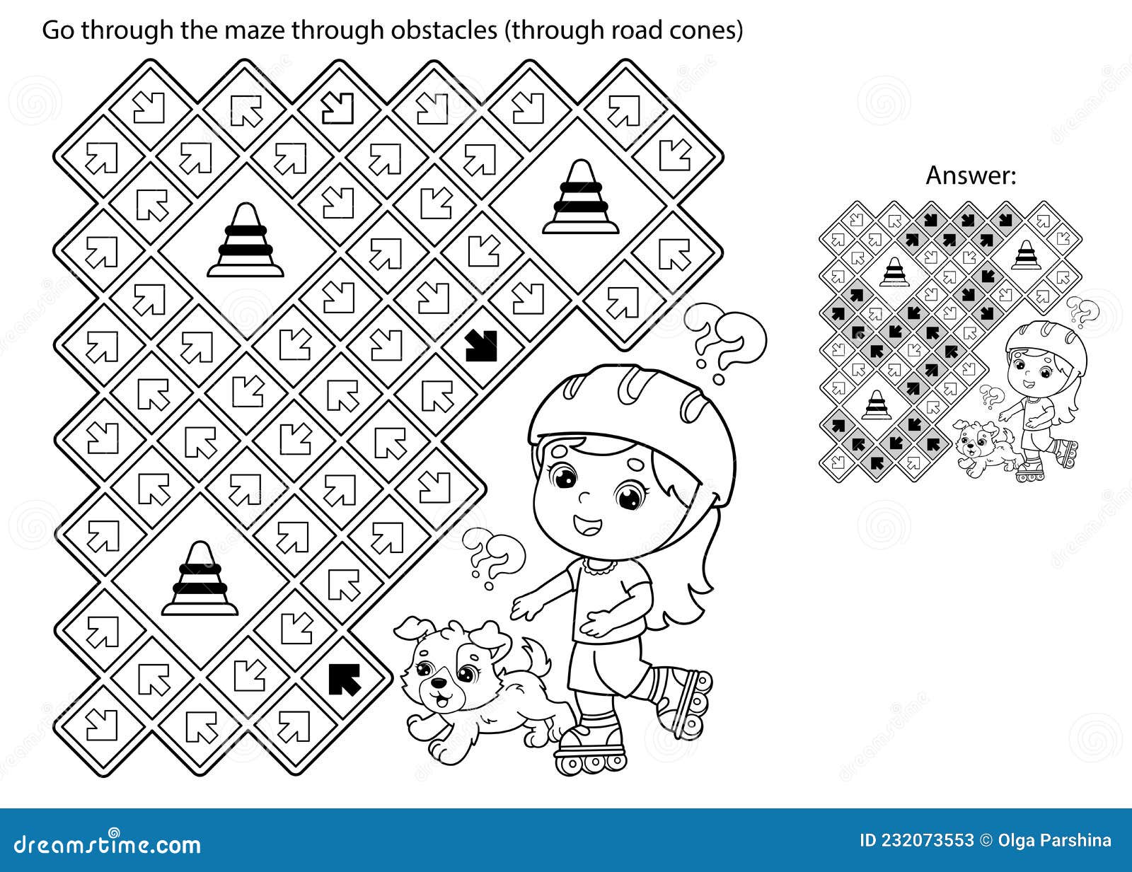 Maze or labyrinth game puzzle coloring page outline of cartoon girl on roller skates with dog sport activity stock vector