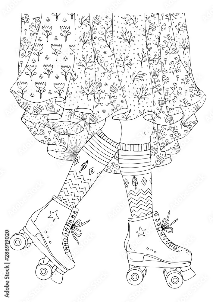 Vector hand drawn legs of a young girl in a long skirt with floral print skates