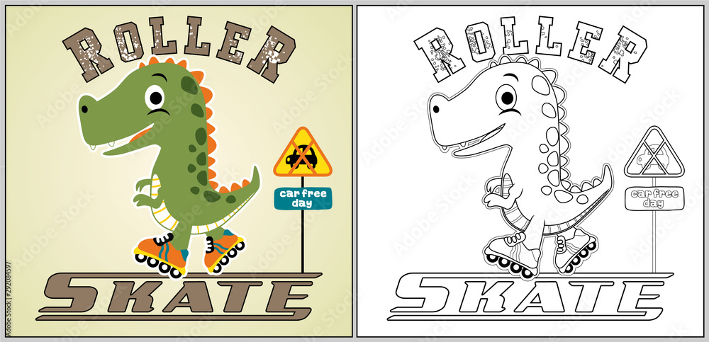 Play roller skate with dino vector cartoon coloring page or book vector
